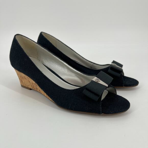 Etienne Aigner Digit Wedge Womens 8M Black Bow Canvas Open Toe Cork Wedge Heels - Picture 1 of 12